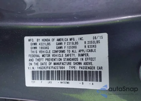 2015 Honda Accord Ex-L from USA, damaged, VIN 1HGCR2F87FA227864